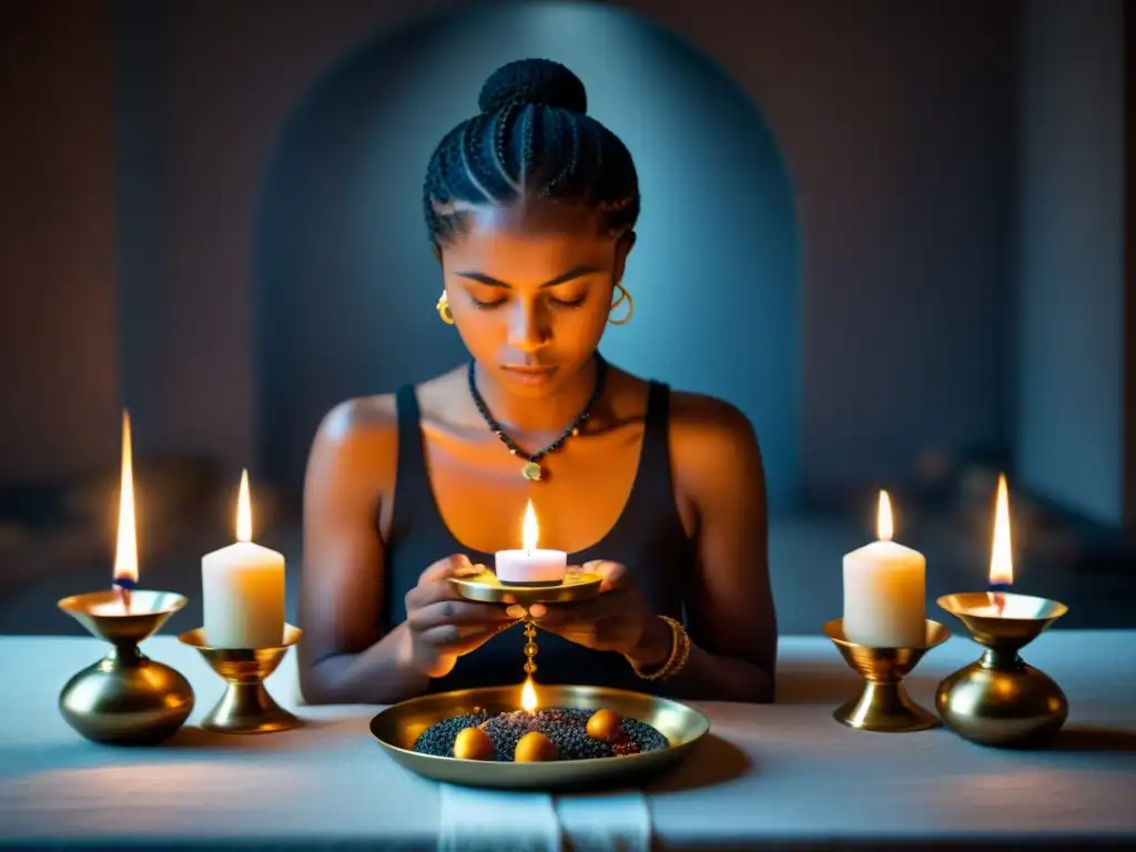 Una persona practicando el significado del ayuno intermitente en tradiciones espirituales, rodeada de elementos simbólicos en un ambiente sereno y contemplativo