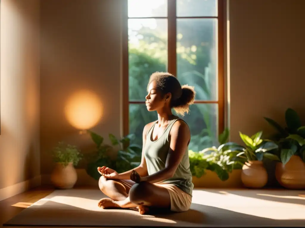 Una persona medita en silencio, entonando un mantra, beneficiándose de la meditación con mantras en un ambiente sereno y luminoso