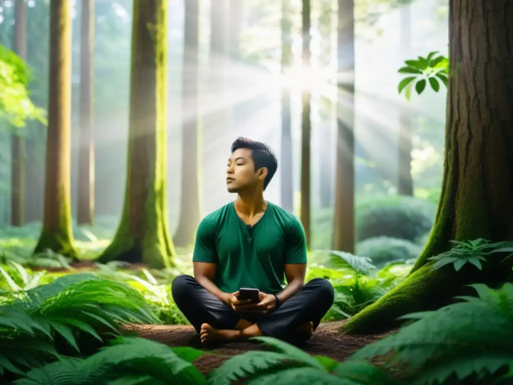 Persona en meditación con smartphone en el bosque