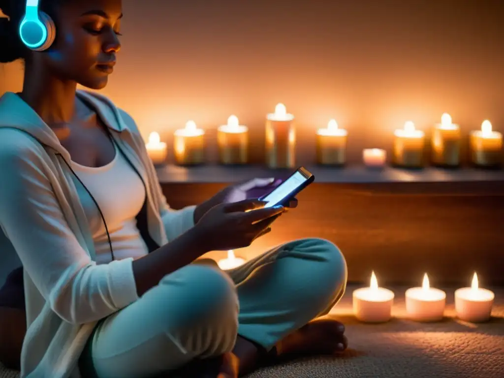 Persona en meditación con smartphone y velas