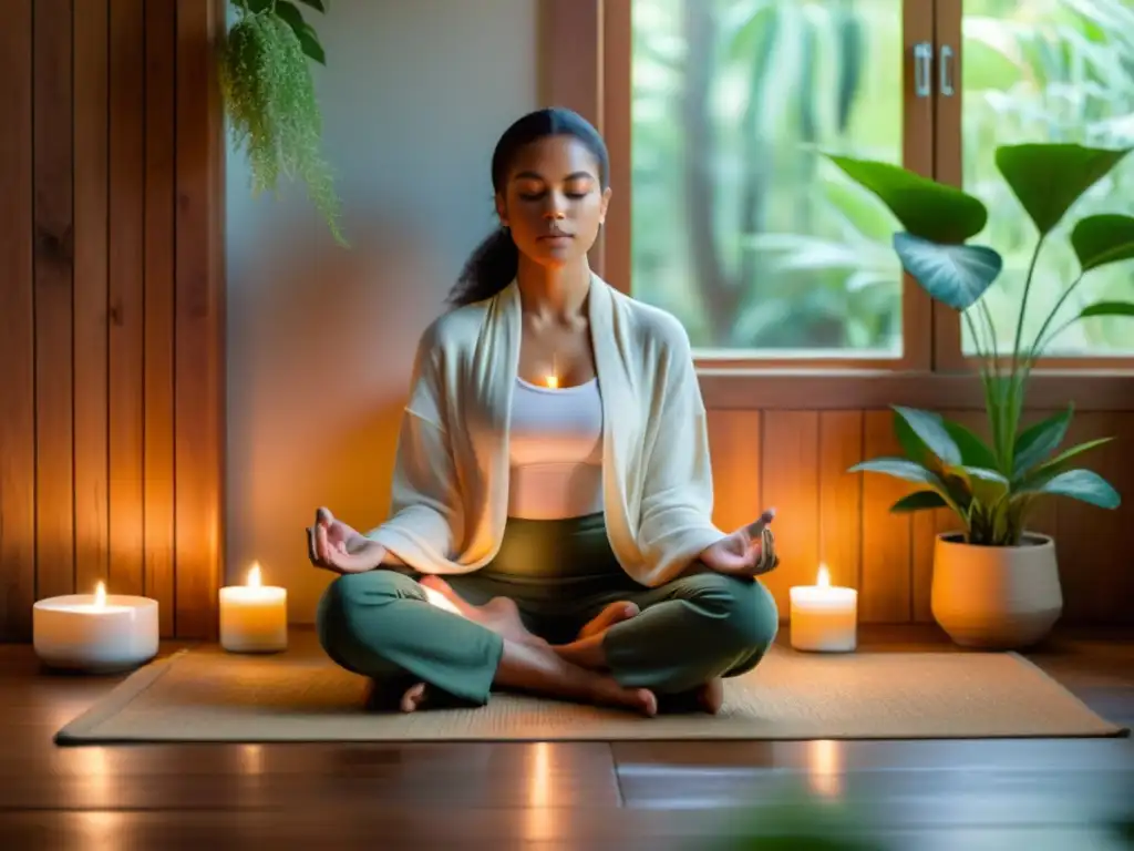 Persona meditando en suelo de madera, rodeada de velas y plantas, creando un ambiente tranquilo