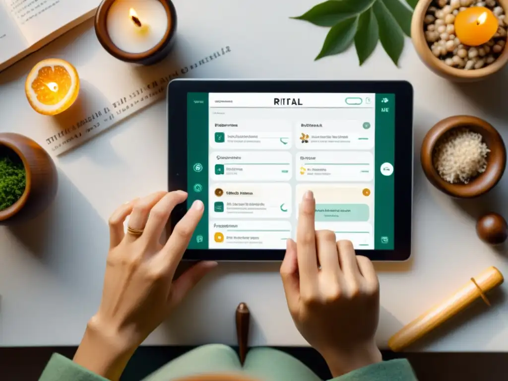 Una persona utiliza una tablet para organizar un ritual con una app