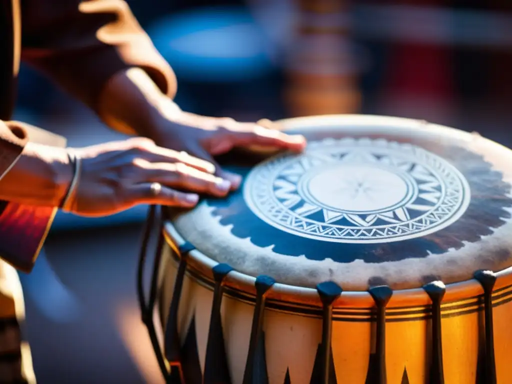 Persona tocando tambor tradicional en ritual contemporáneo, con patrones pintados