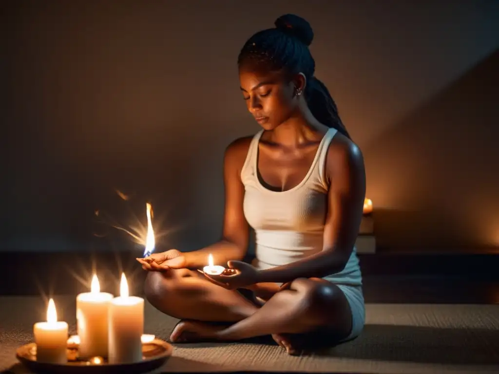 Persona practicando técnicas de respiración consciente en un ritual de liberación, rodeada de velas y un ambiente tranquilo y meditativo