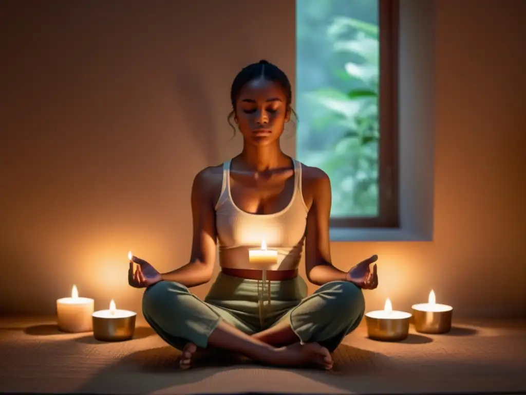 Persona practicando técnicas de respiración en rituales en una habitación serena iluminada por velas, transmitiendo calma y introspección