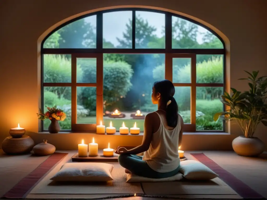 Persona meditando en un tranquilo espacio iluminado por velas, rodeada de incienso y naturaleza, para rituales de meditación y armonía espiritual