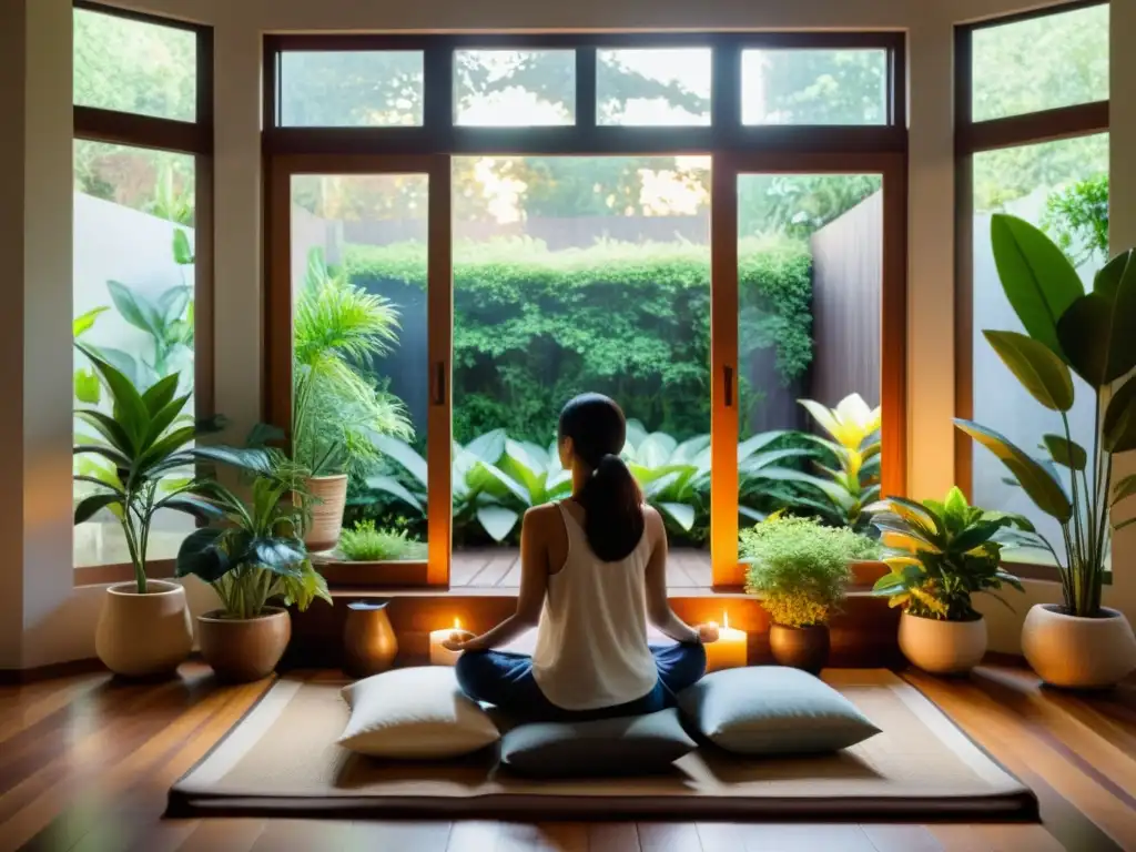 Persona meditando en un tranquilo espacio con vista a un jardín