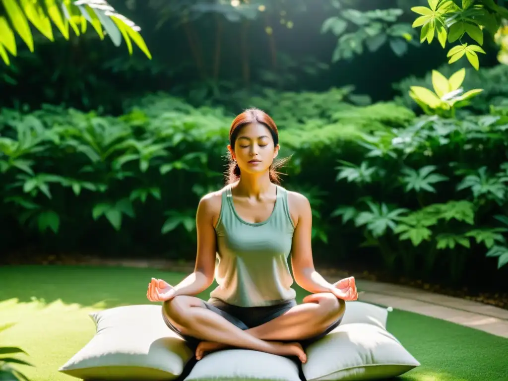 Persona meditando en jardín tranquilo, rodeada de vegetación exuberante