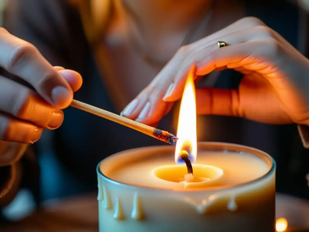 Una persona enciende una vela con cuidado, creando un ambiente de significado velas rituales culturas con su luz cálida y detalles detallados