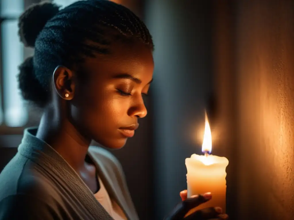 Una persona enciende una vela en una habitación tenue, transmitiendo introspección y rituales de transición de vida