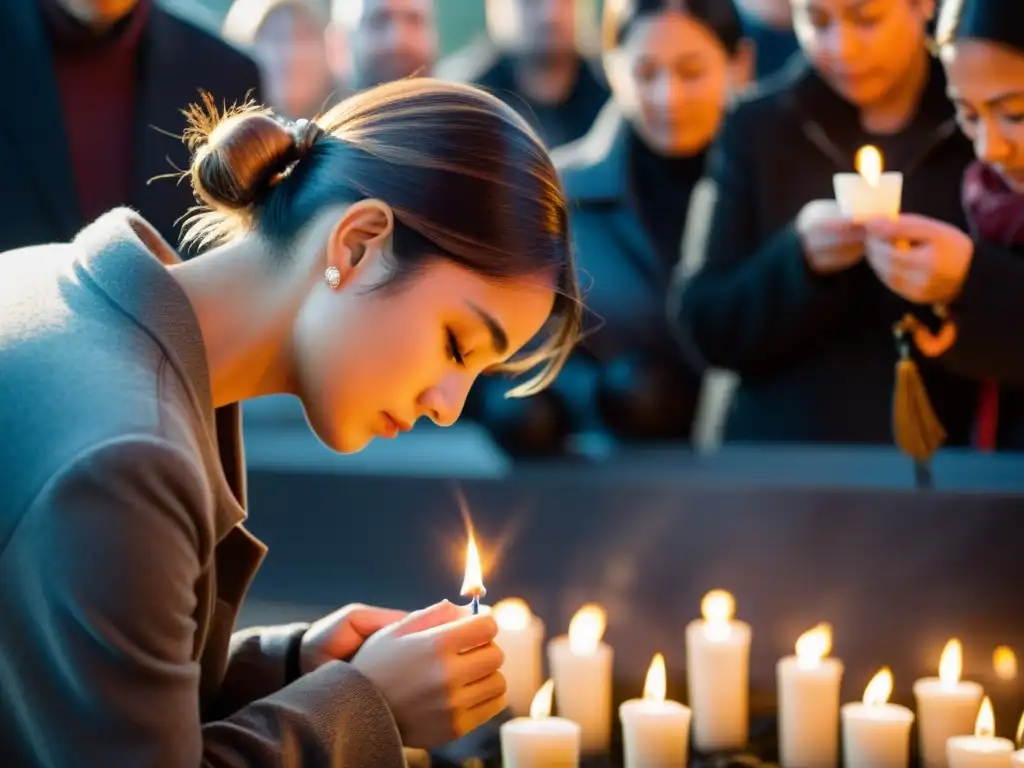 Encendiendo una vela en el memorial Una persona enciende una vela en un memorial, mostrando la importancia de los rituales en duelo