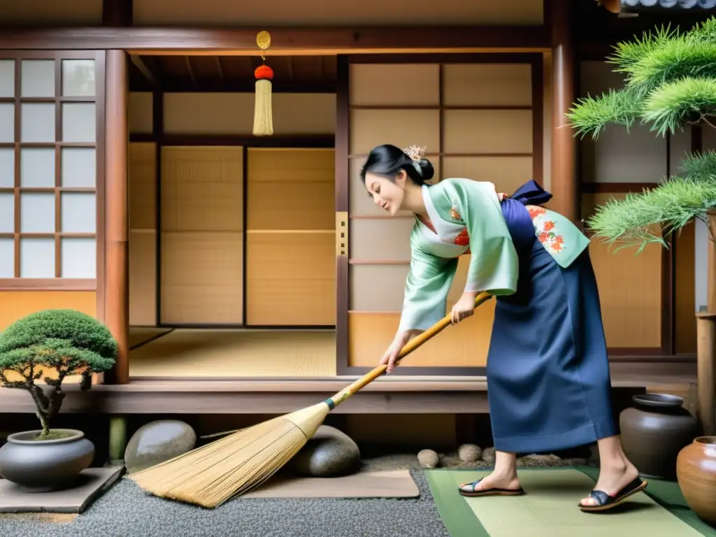 Persona vestida con kimono realiza el ritual japonés de Osoji, rodeada de decoraciones tradicionales