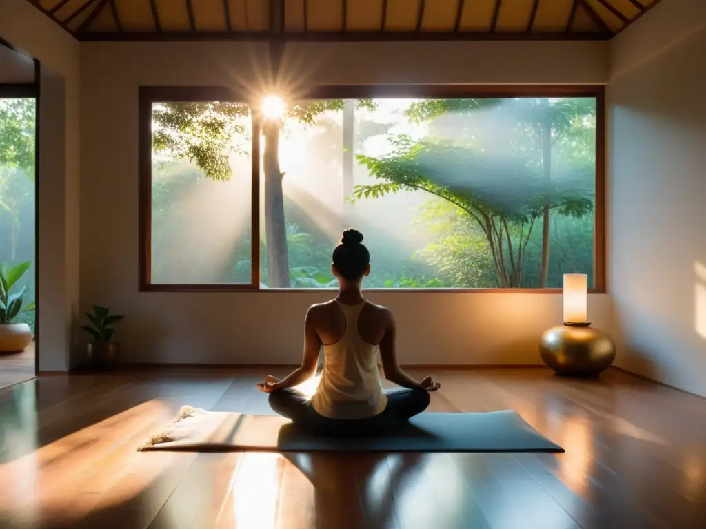 Persona en meditación Vipassana, ambiente sereno con luz dorada, paz interior y purificación mental