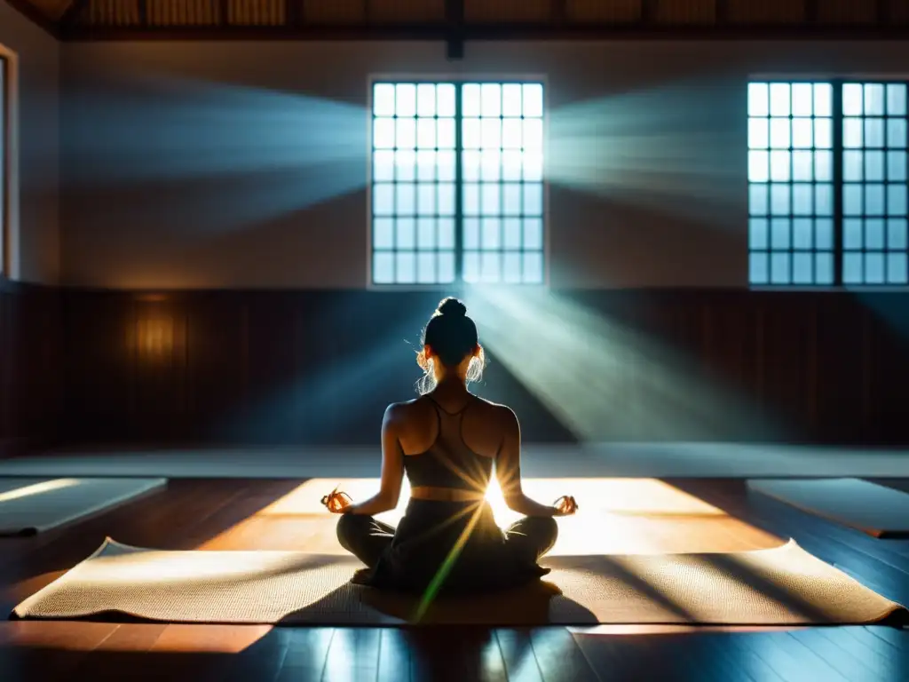 Persona en meditación Vipassana, iluminada por suave luz en salón sereno de purificación mental