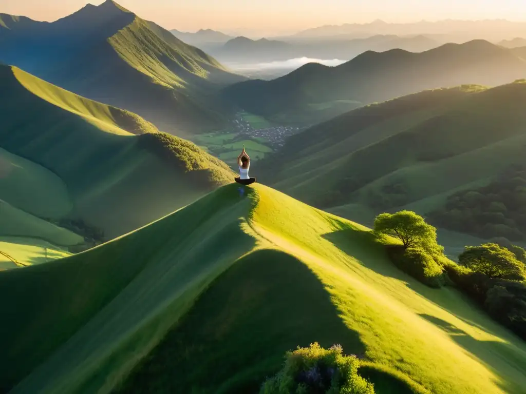 Persona practicando yoga al amanecer en la cima de una montaña con neblina, iluminada por la suave luz dorada