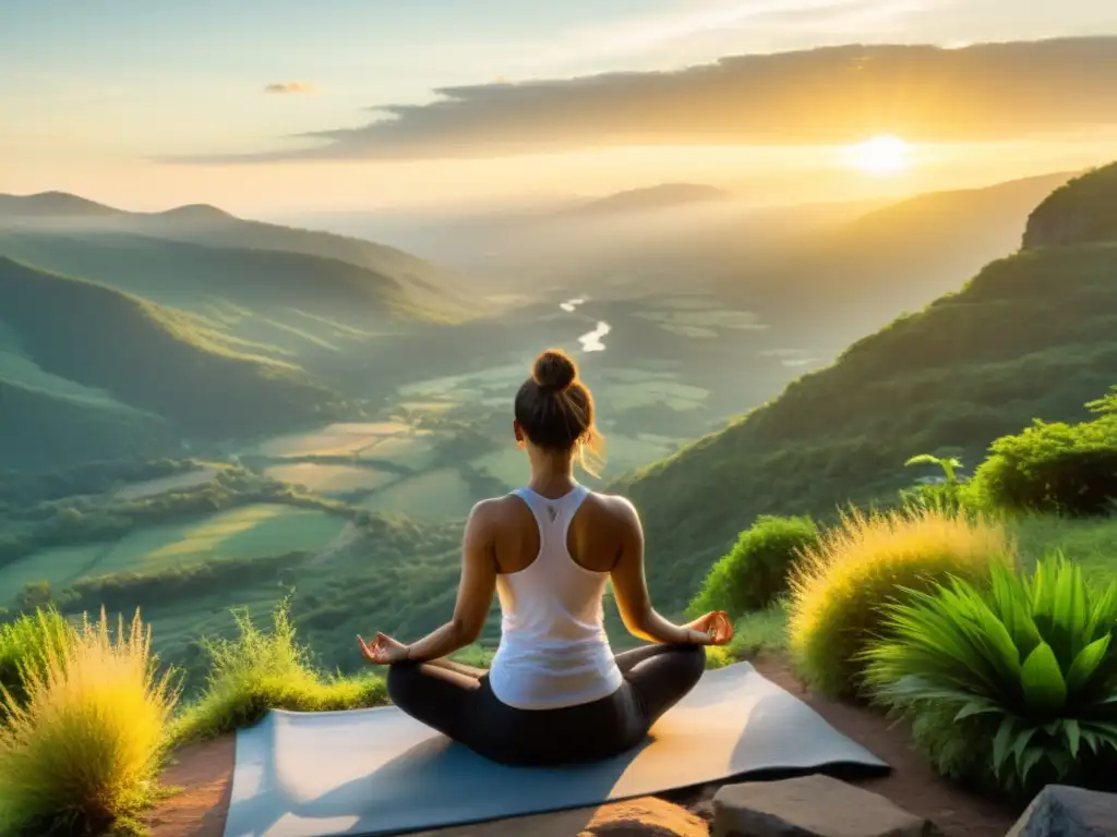 Persona practicando yoga al amanecer en la cima de la montaña, rodeada de naturaleza exuberante, transmitiendo paz y conexión espiritual