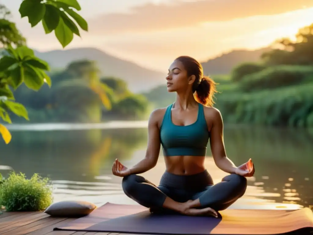 Persona practicando yoga al amanecer en un entorno sereno y natural