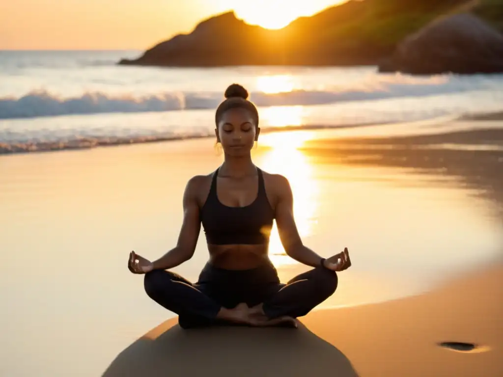 Persona practicando yoga al amanecer en una playa tranquila, evocando equilibrio y bienestar con rituales de bienestar para equilibrio