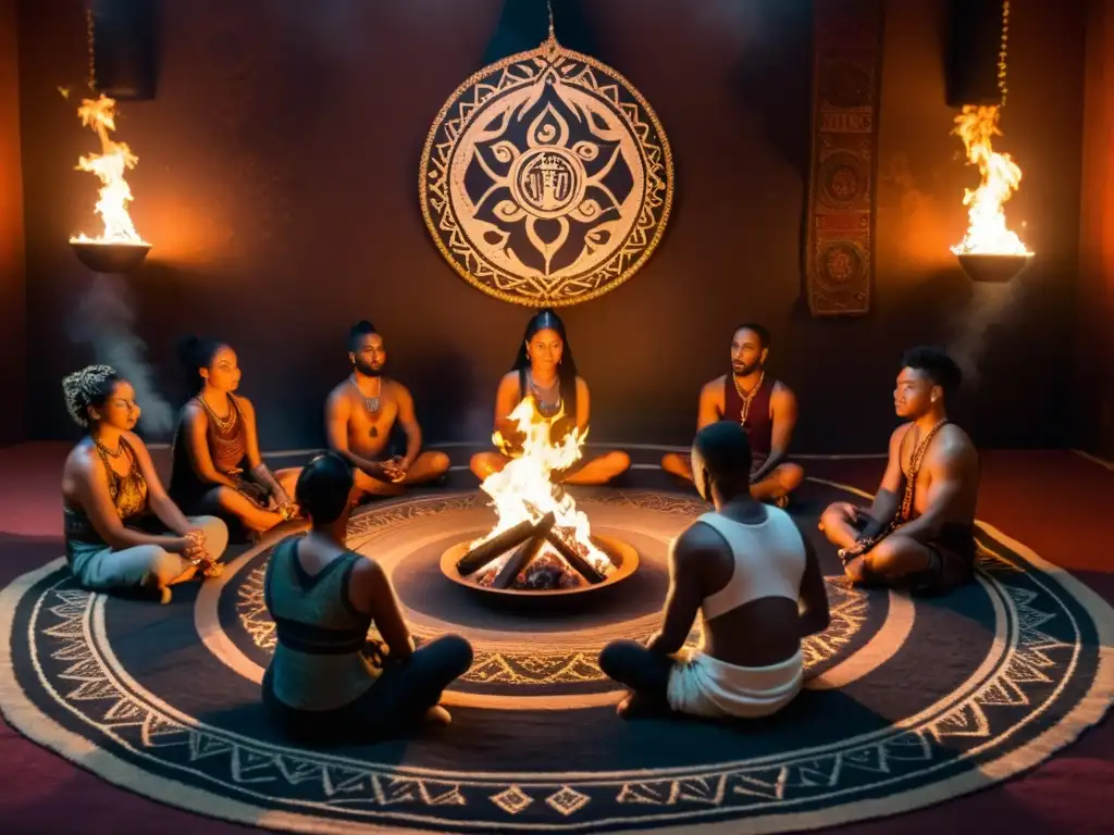 Ritual de conexión espiritual con bebida sagrada Personas en ceremonia espiritual alrededor del fuego con bebidas ceremoniales, en profunda meditación y conexión espiritual