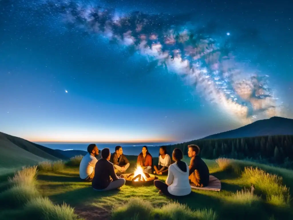 Personas en círculo alrededor de la fogata, con velas encendidas, bajo el cielo estrellado