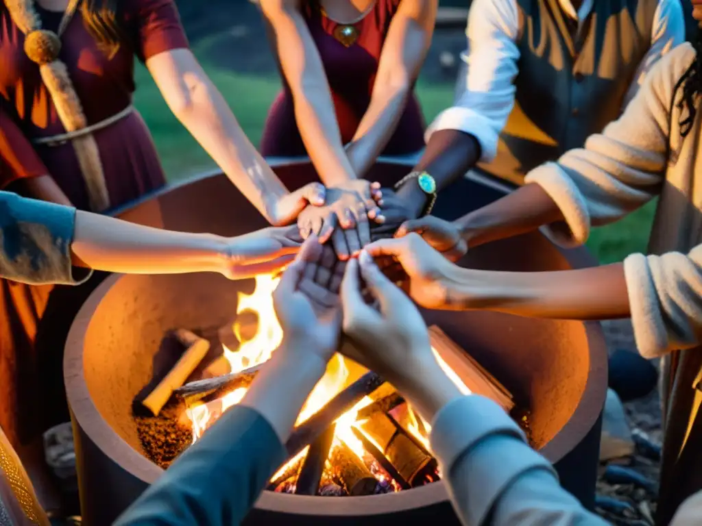 Personas en círculo alrededor del fuego, en un ritual de renacimiento espiritual