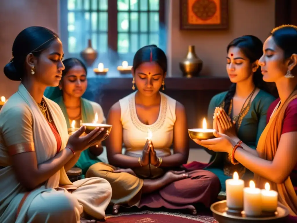 Personas en círculo rezando y entonando mantras en un ambiente sereno iluminado por velas e incienso