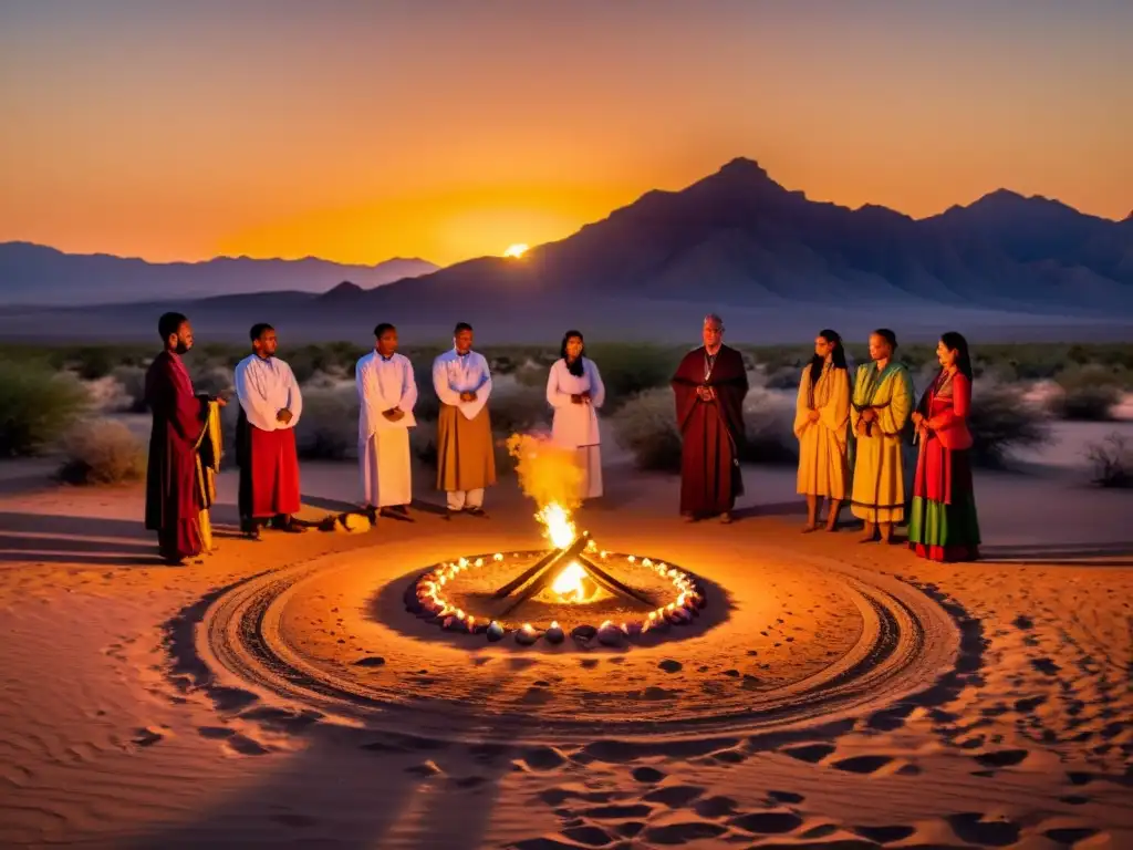 Personas en círculo realizando rituales de purificación en desierto al atardecer, rodeadas de velas y humo de incienso