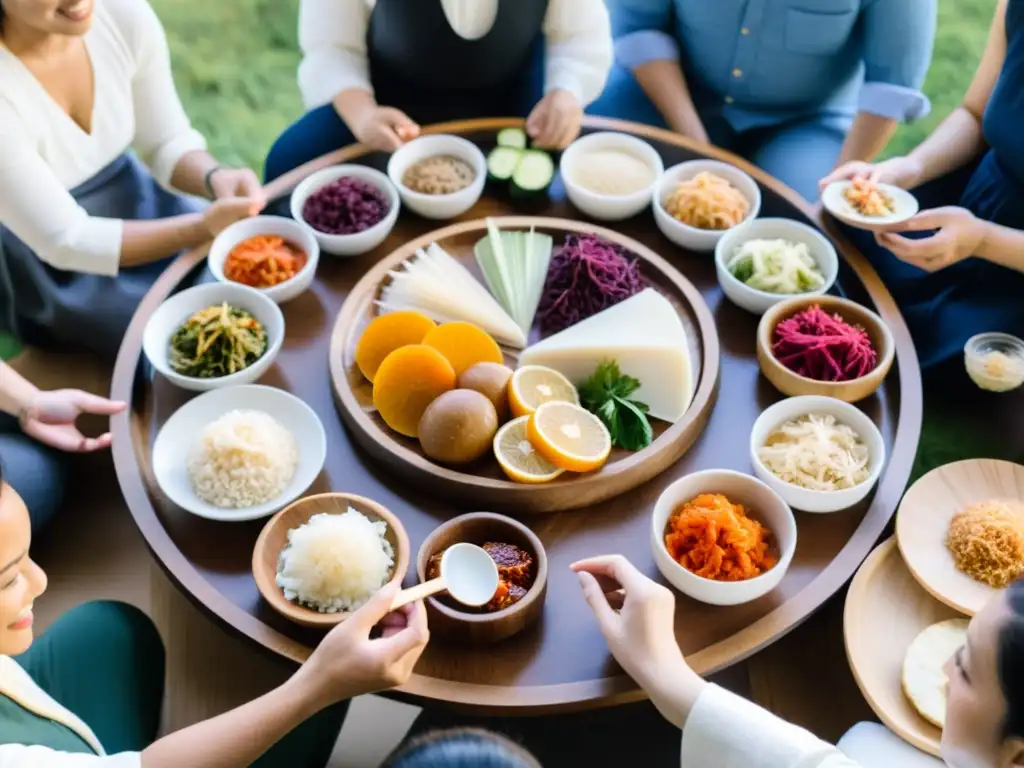 Personas de diversas culturas participan en una ceremonia de degustación de alimentos fermentados en un círculo, iluminado por luz natural cálida