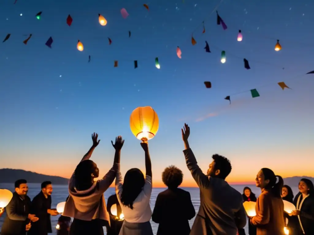 Diversas personas de distintas culturas sueltan linternas de papel en el cielo nocturno, en un emotivo ritual de año nuevo alrededor del mundo