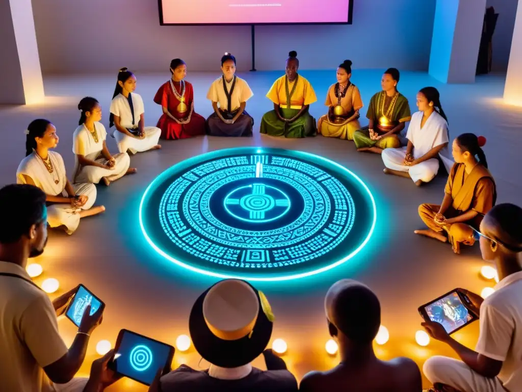 Personas de distintas culturas realizan un ritual con dispositivos electrónicos, mostrando la influencia de la electrónica en rituales contemporáneos