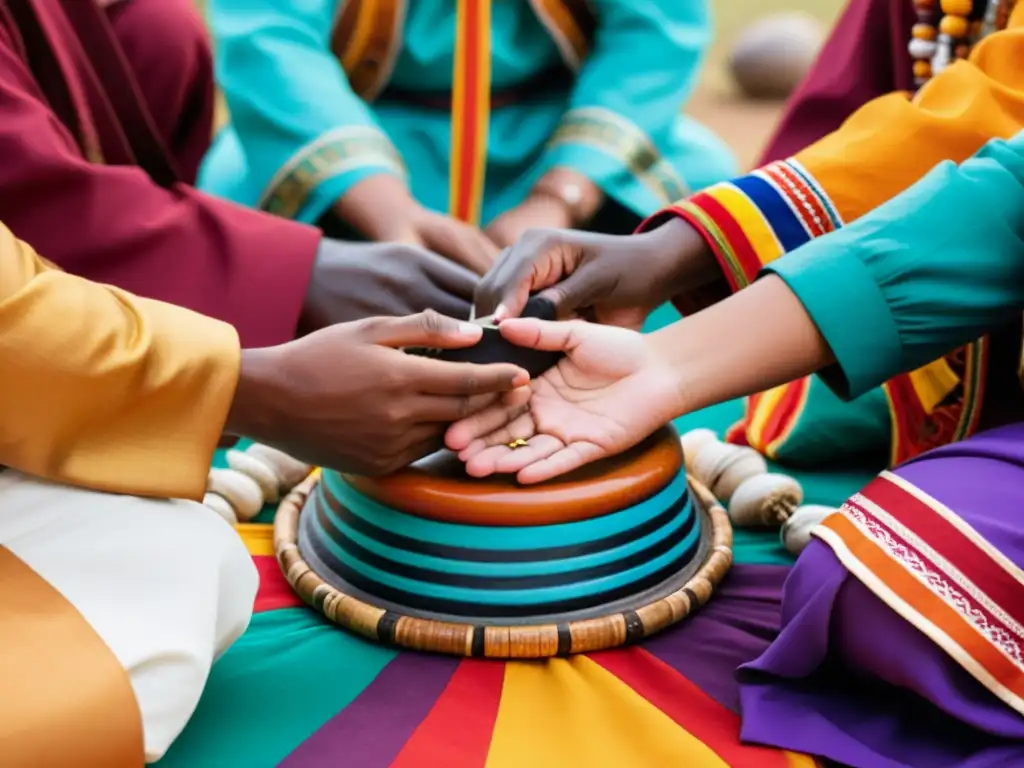 Personas de diferentes culturas participan en un ritual tradicional, vistiendo atuendos coloridos