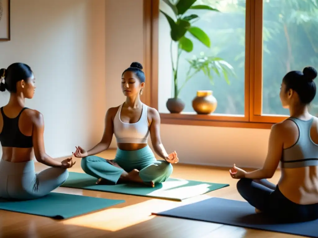 Personas de diferentes culturas practicando rituales diarios para construir autonomía en una atmósfera serena y meditativa al amanecer