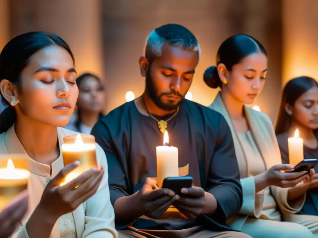 Personas de diferentes edades y etnias participan en una ceremonia religiosa virtual, con velas e incienso digitales