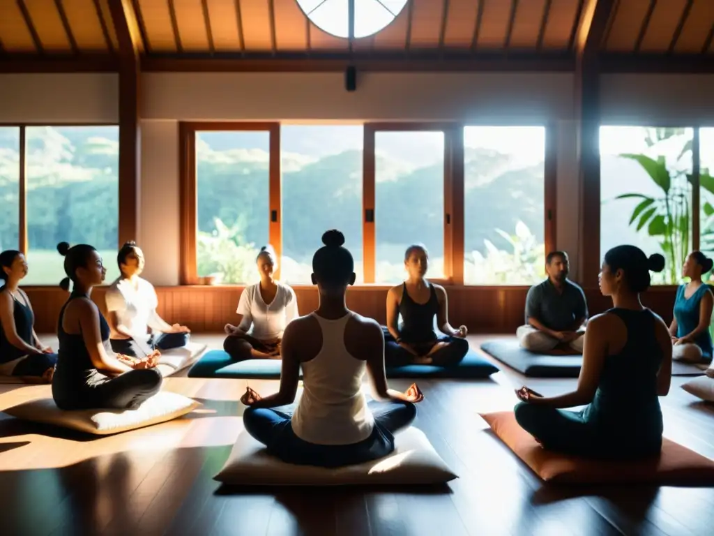 Personas en profunda meditación Vipassana, en un salón iluminado por la tenue luz del sol