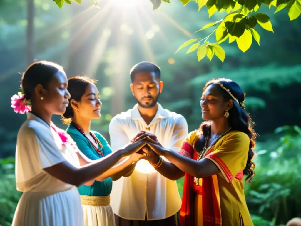 Personas participando en un ritual en la naturaleza, unidos en un círculo con los ojos cerrados y manos entrelazadas