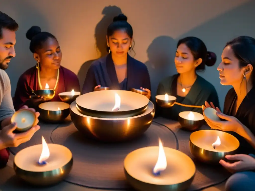 Personas participando en un ritual de terapia de sonido con cuencos tibetanos, experimentando beneficios terapéuticos y espirituales