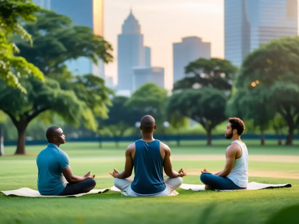 Personas practican rituales de bienestar en la ciudad, meditando en un parque urbano, en contraste con el bullicio de la vida citadina