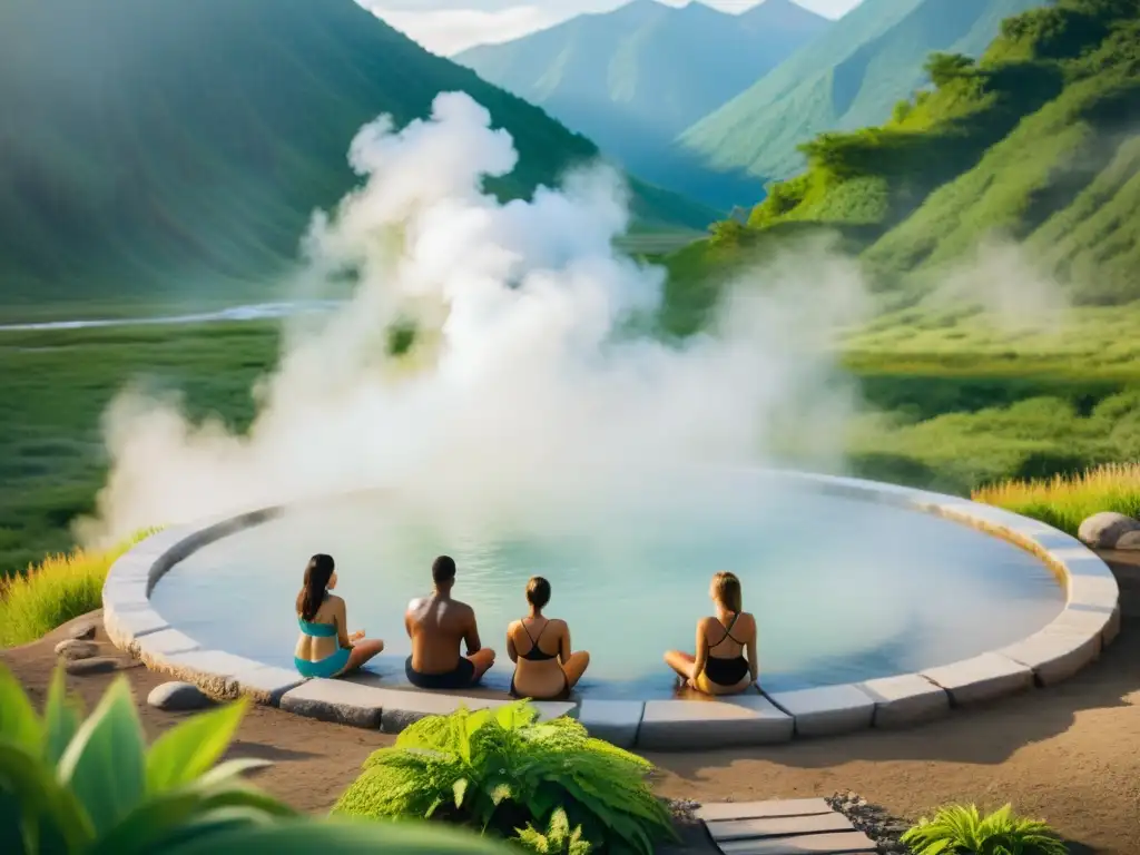 Personas realizando rituales de bienestar geotermia en un manantial natural, rodeado de naturaleza serena y montañas