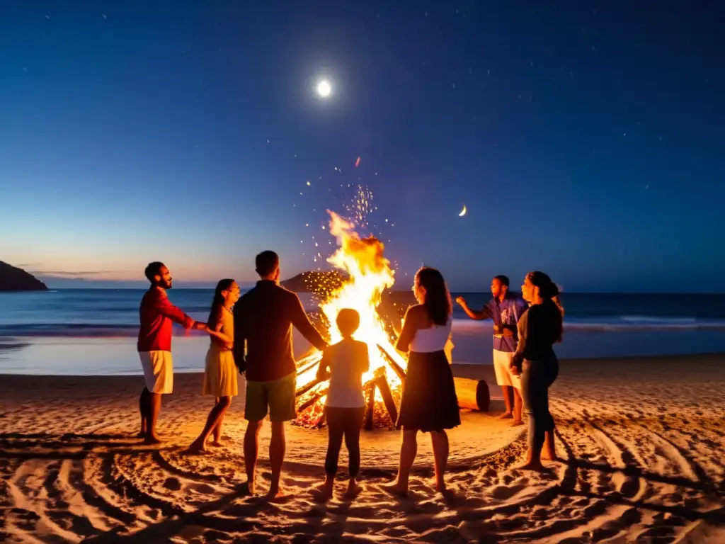 Noche de San Juan: Celebración mística en la playa Personas celebrando rituales Noche de San Juan alrededor de una fogata en la playa, con chispas volando y la luna brillando en el cielo nocturno