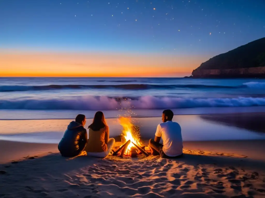 Personas realizando rituales de la Noche de San Juan alrededor de una fogata en la playa al atardecer, bajo un cielo estrellado