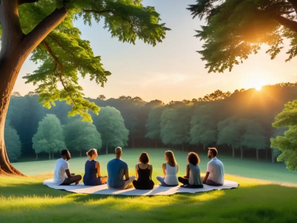 Personas practicando técnicas de respiración consciente en un ritual de liberación, en un claro rodeado de árboles al atardecer