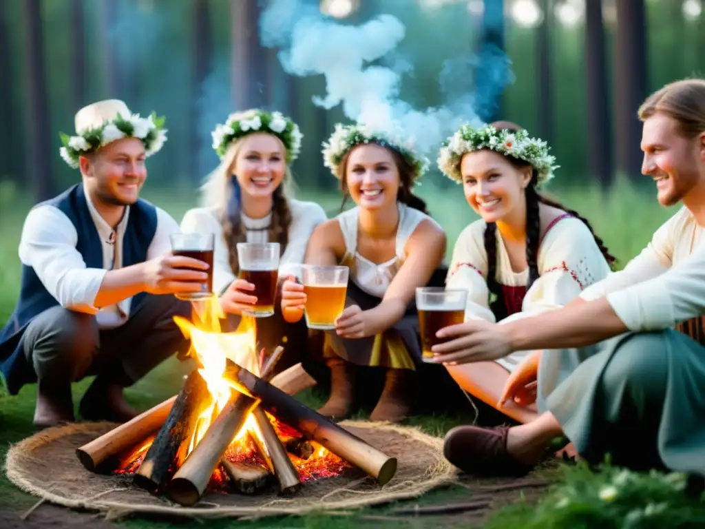 Personas con trajes eslavos alrededor de una fogata en ritual de solsticio de verano, celebrando el significado y tradición del Kvass