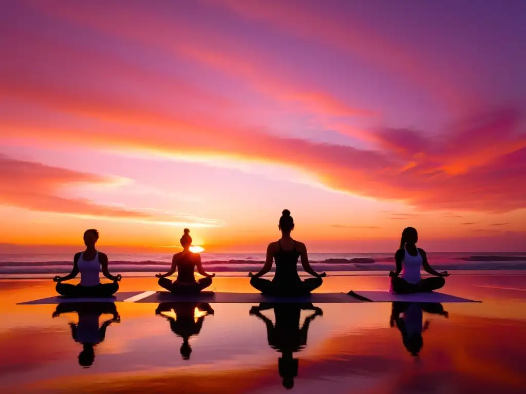 Personas practicando yoga al atardecer en una playa tranquila, con el reflejo de tonos naranjas y rosados del cielo en el océano calmado