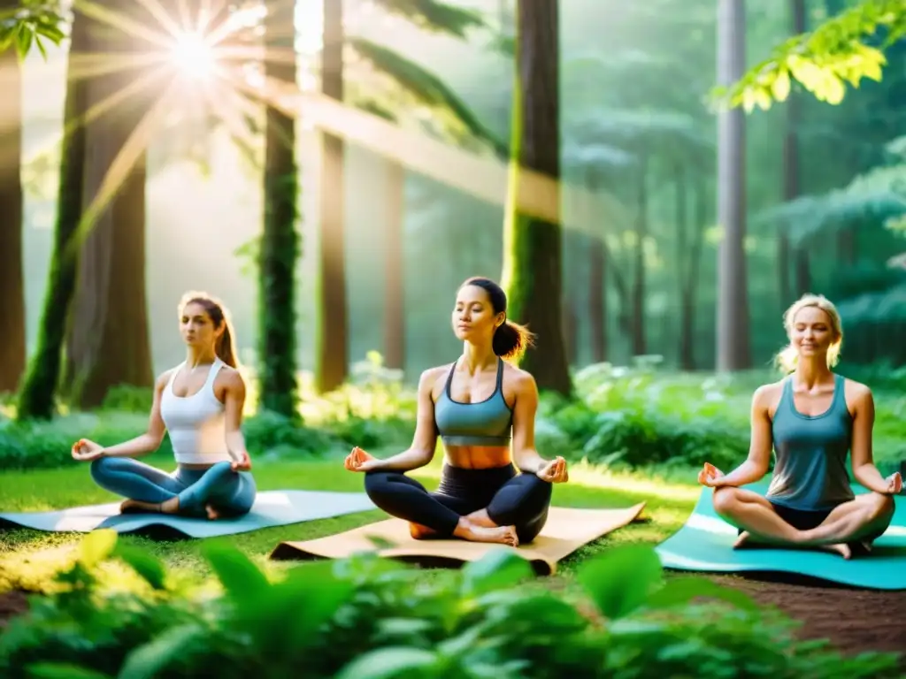 Personas practicando yoga en un claro del bosque, con luz matutina entre los árboles