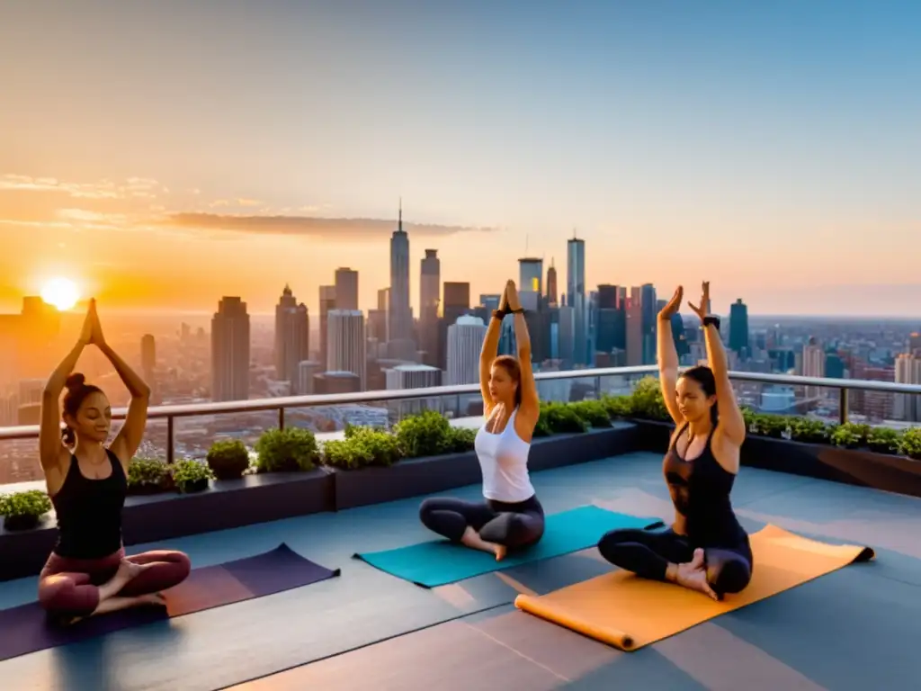 Personas practicando yoga urbano en una azotea al atardecer, con la ciudad de fondo, reflejando calma y vitalidad