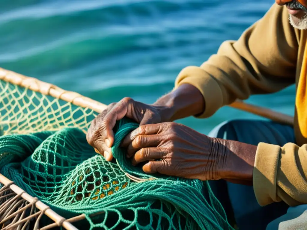 Un pescador repara con cuidado su red de pesca al amanecer en una colorida aldea costera, mostrando prácticas sostenibles de pesca