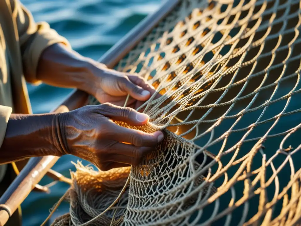 Un pescador hábil teje una red tradicional bajo la cálida luz dorada en una choza de madera