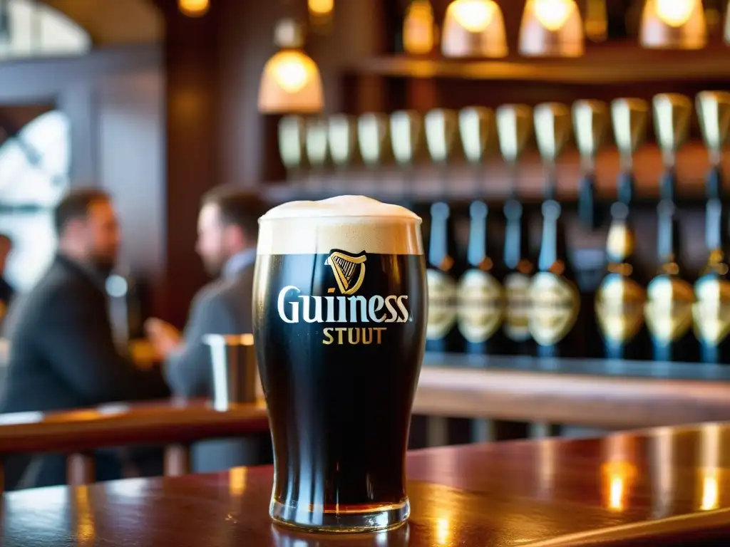 Una pinta de Guinness se vierte con cuidado en un vaso tulipa en un acogedor pub irlandés, mostrando la combinación ritual cultura irlandesa