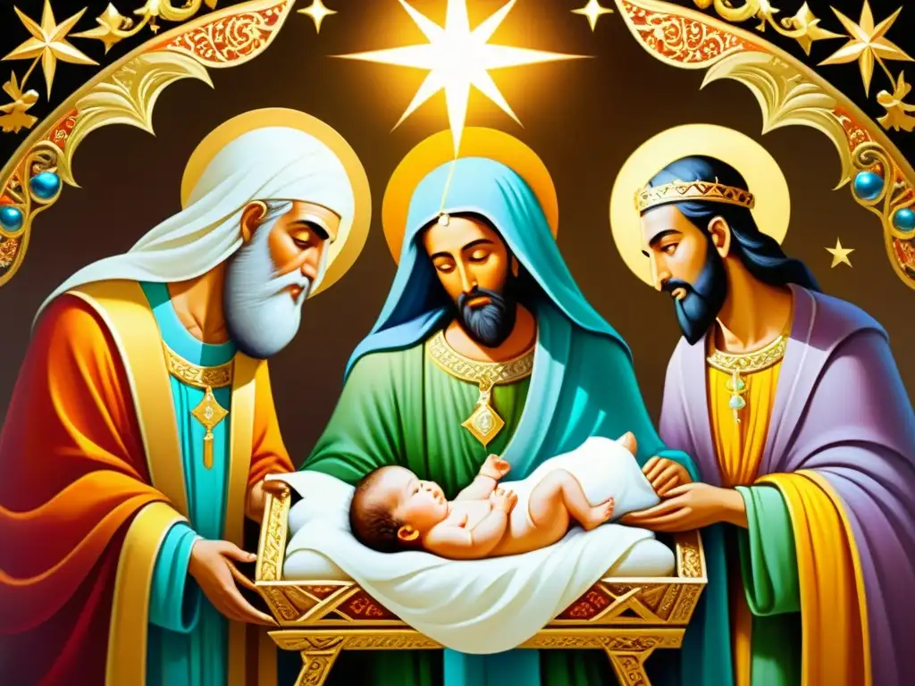 Una pintura detallada de la Epifanía con los tres sabios presentando regalos al bebé Jesús en un humilde pesebre, irradiando reverencia y asombro