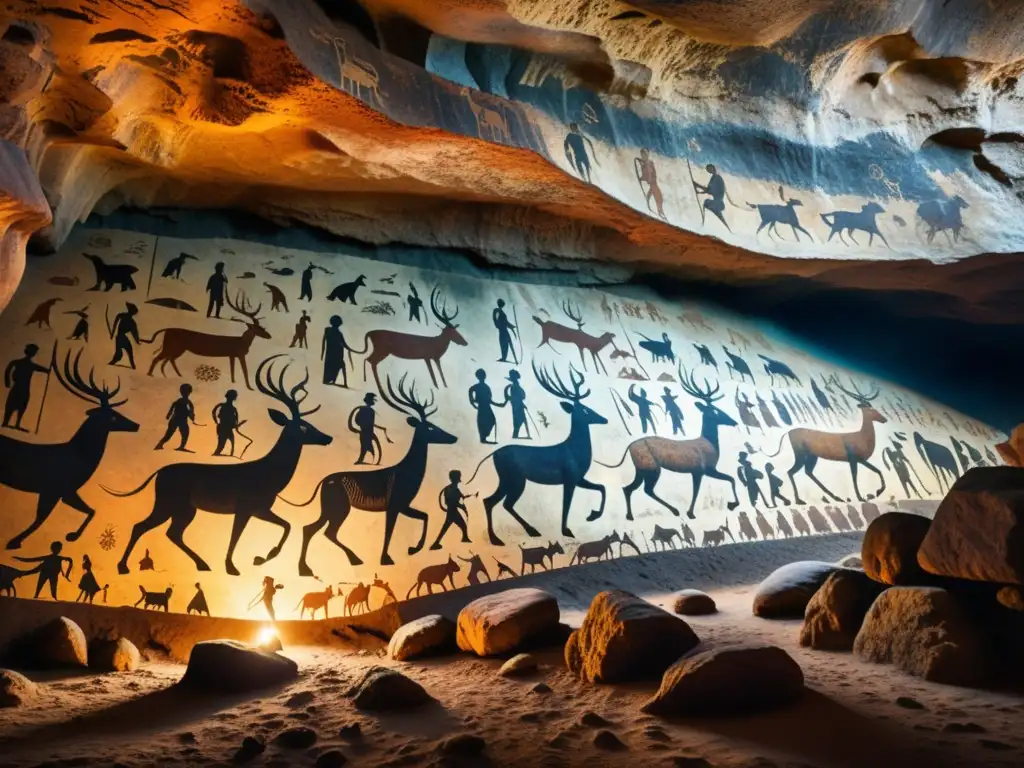 Interpretación de pinturas rupestres sagradas en una cueva oscura, con escenas de caza, rituales y símbolos espirituales antiguos